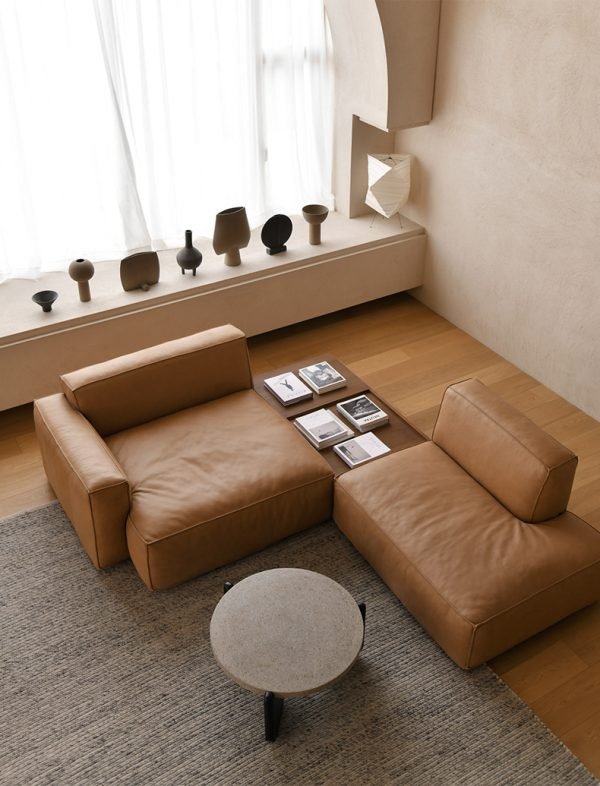 Modular Faux Leather Sofa Set, Tan, Perfect for Customizable Living Spaces