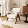 Living Room Yellow Fabric Upholstery Wood Armrest Armchair