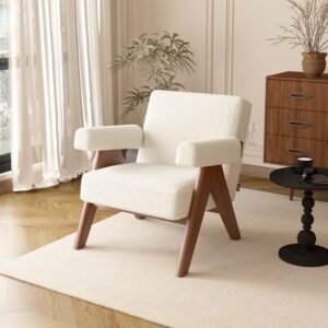 Living Room Yellow Fabric Upholstery Wood Armrest Armchair