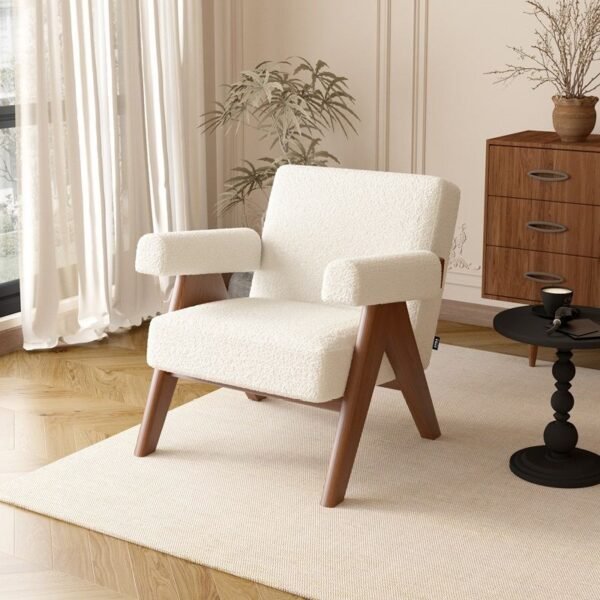 Living Room Yellow Fabric Upholstery Wood Armrest Armchair