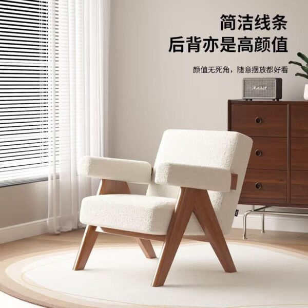 Living Room Yellow Fabric Upholstery Wood Armrest Armchair