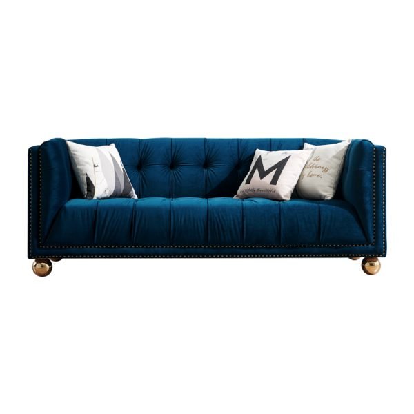Royal Blue Velvet Sofa with Brass Feet and Nailhead Trim, Perfect for Luxurious Living Rooms