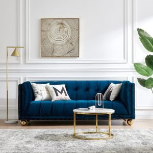 Royal Blue Velvet Sofa with Brass Feet and Nailhead Trim, Perfect for Luxurious Living Rooms