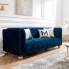 Royal Blue Velvet Sofa with Brass Feet and Nailhead Trim, Perfect for Luxurious Living Rooms