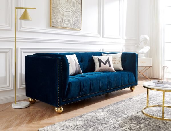 Royal Blue Velvet Sofa with Brass Feet and Nailhead Trim, Perfect for Luxurious Living Rooms