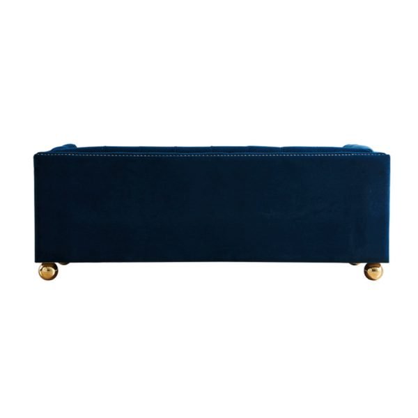 Royal Blue Velvet Sofa with Brass Feet and Nailhead Trim, Perfect for Luxurious Living Rooms