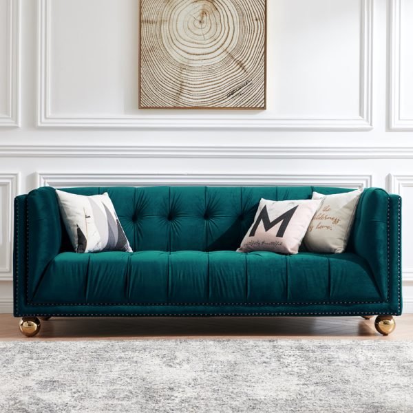 Royal Blue Velvet Sofa with Brass Feet and Nailhead Trim, Perfect for Luxurious Living Rooms